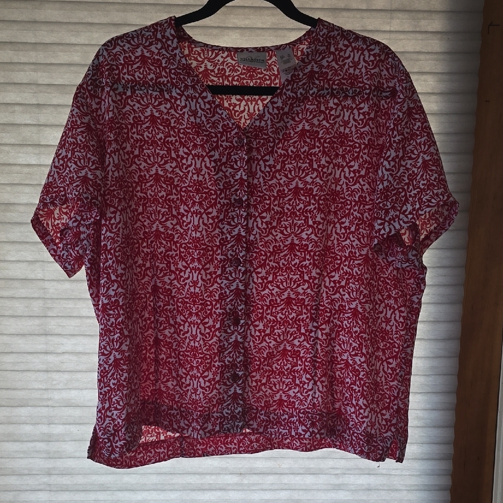 Liz Claiborne Red and White Printed Short Sleeve Blouse